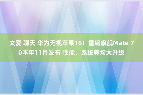 文爱 聊天 华为无视苹果16！重磅旗舰Mate 70本年11月发布 性能、系统等均大升级